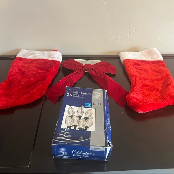 Christmas supplies! X2 stockings, bow, and white lights! - Picture 2 of 8